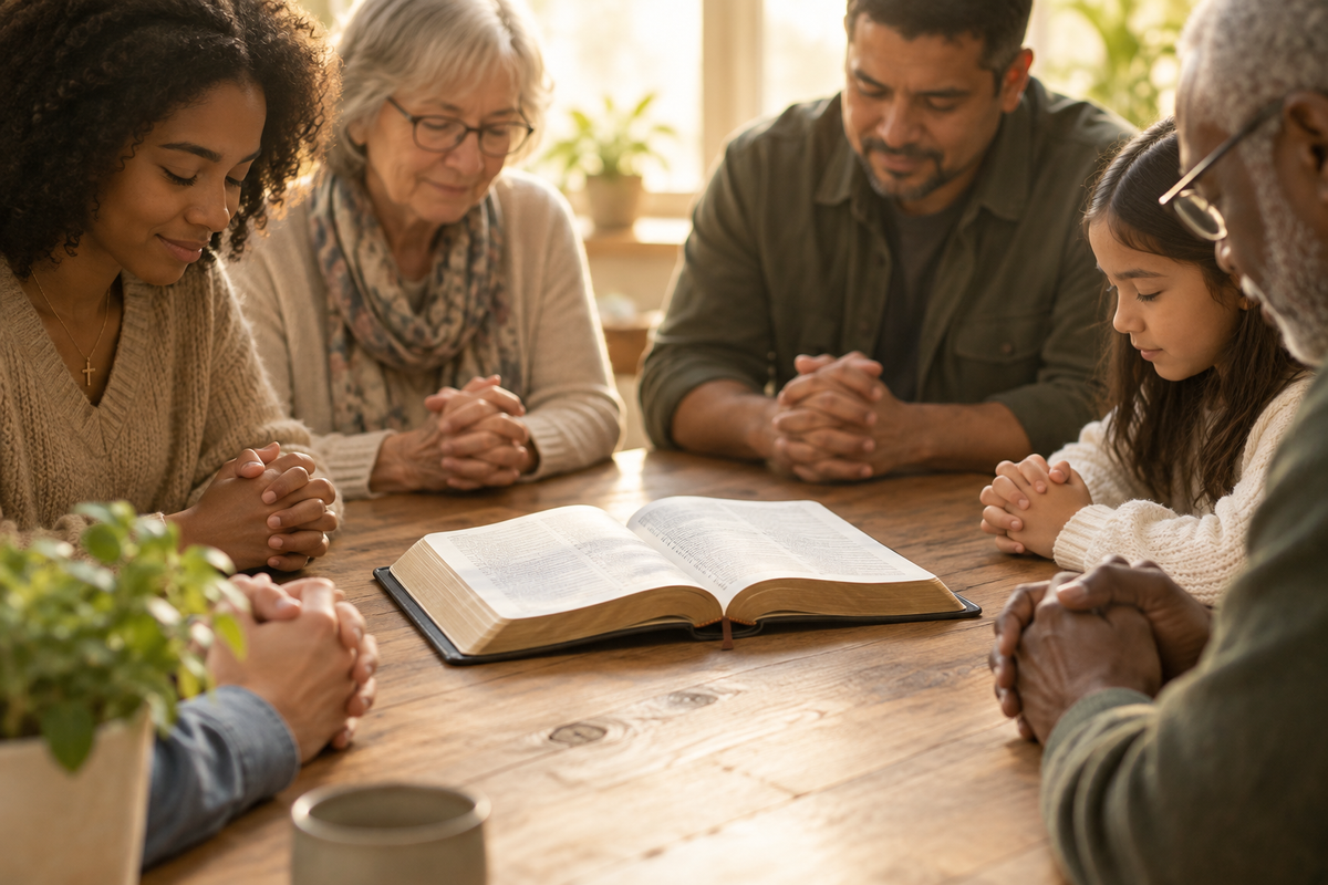 Open Bible with a faith community gathered in prayer
