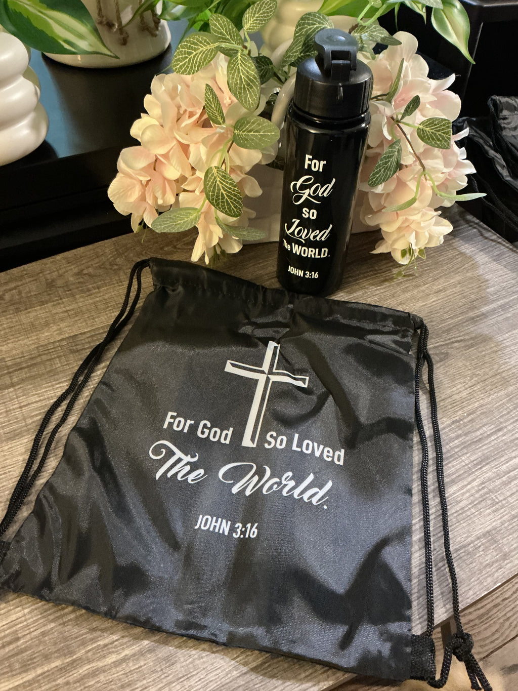 Faith Scripture Drawstring Bag & Water Bottle Set