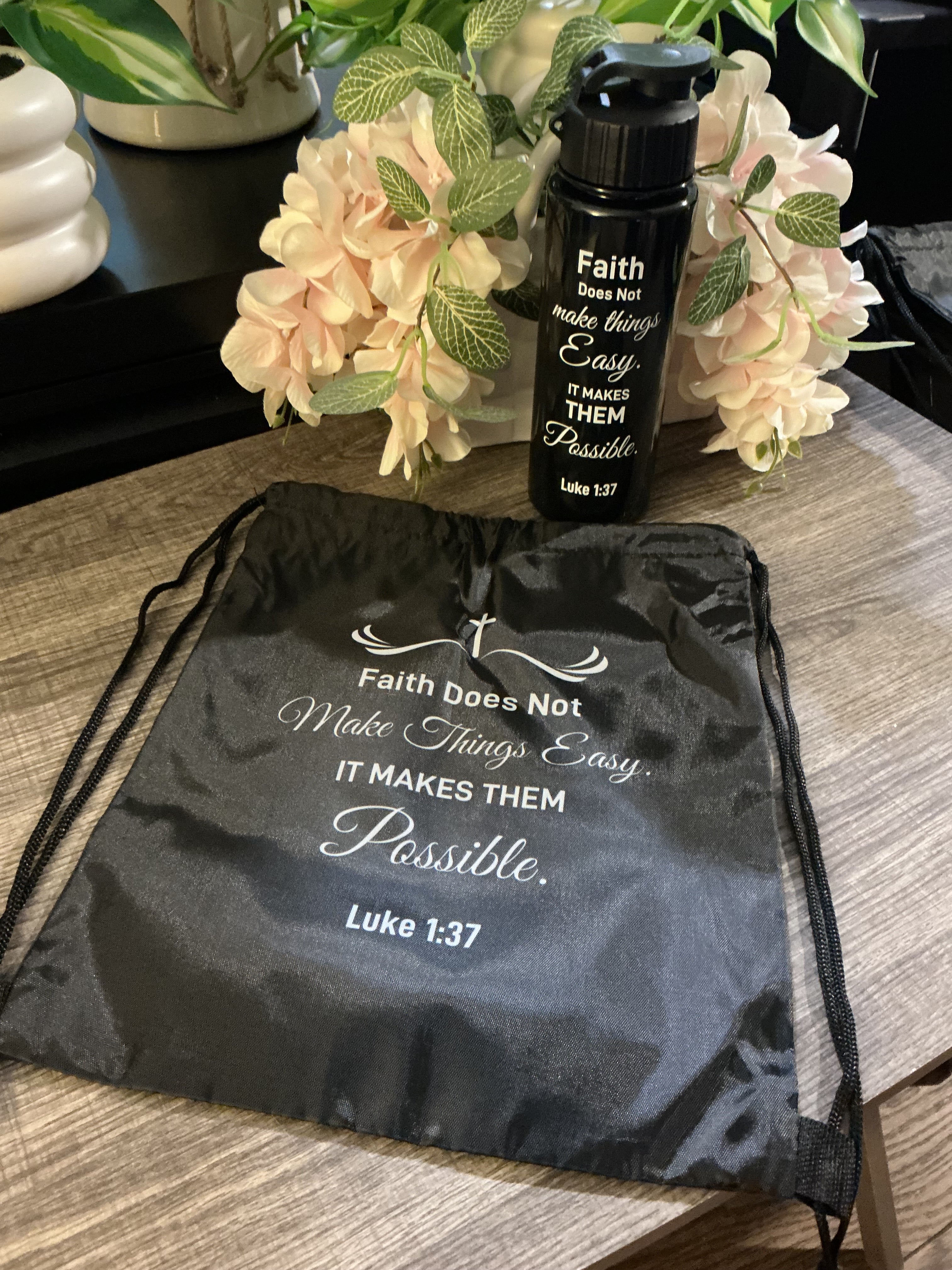 Faith Scripture Drawstring Bag & Water Bottle Set