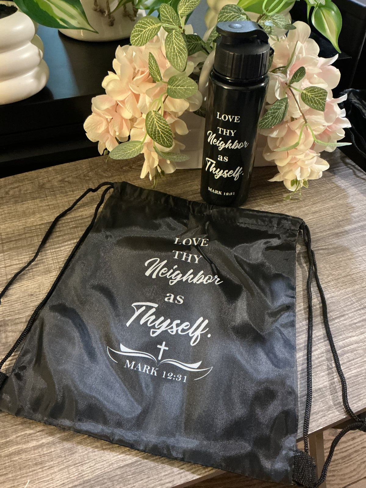Faith Scripture Drawstring Bag & Water Bottle Set