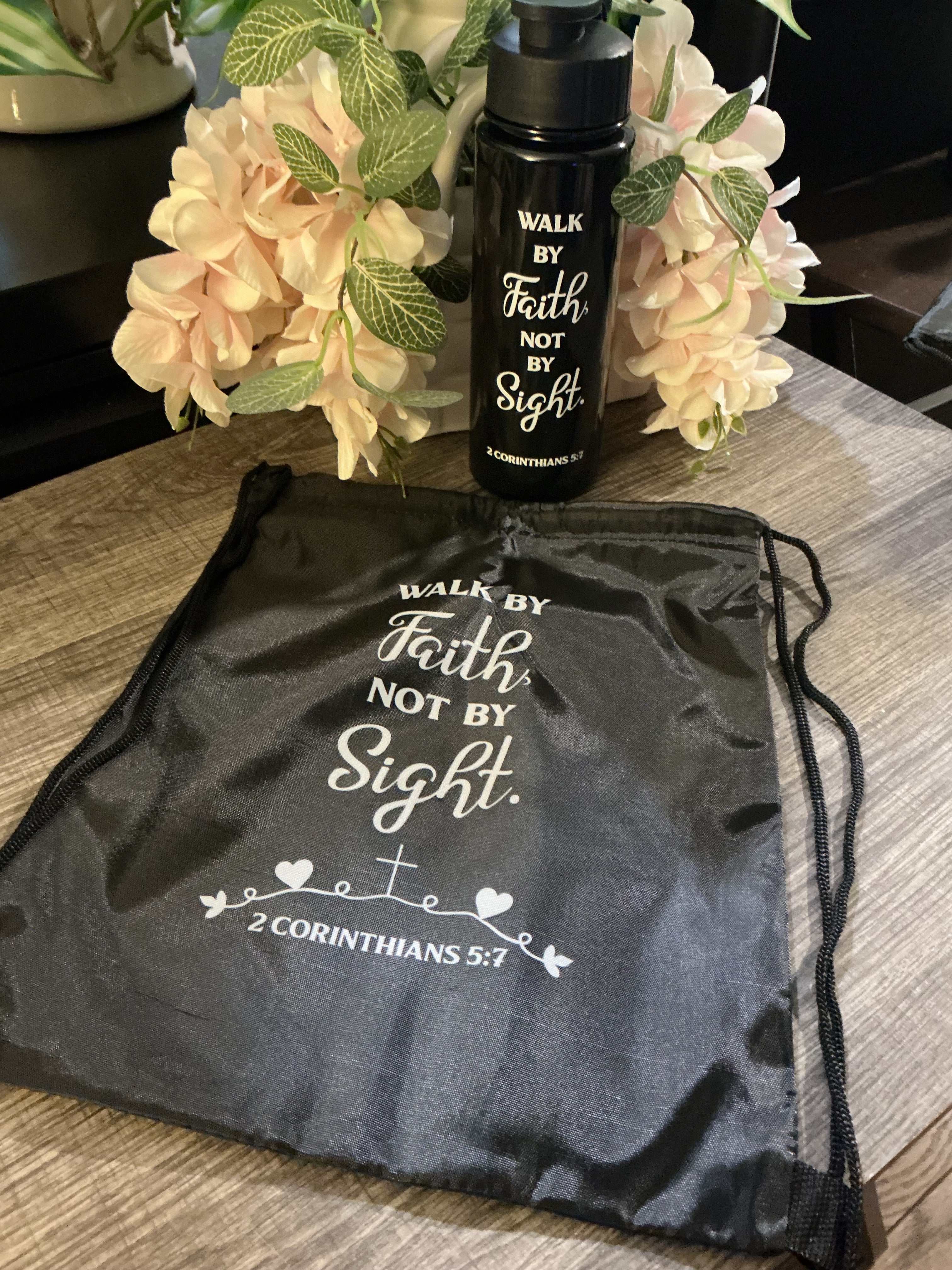 Faith Scripture Drawstring Bag & Water Bottle Set