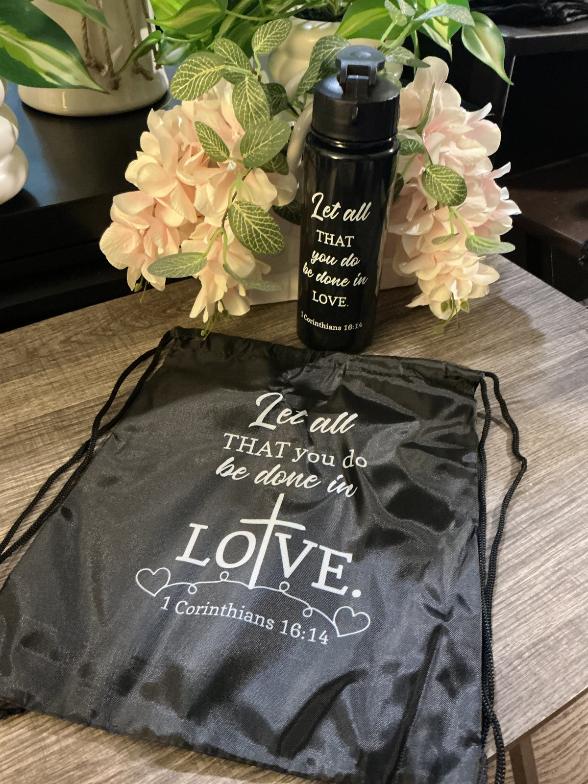 Faith Scripture Drawstring Bag & Water Bottle Set